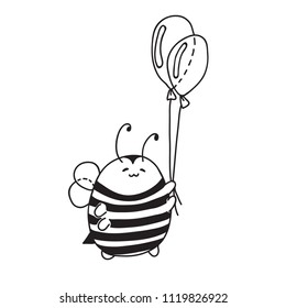 Cute little Bumblebee ink hand drawn sketch vector illustration. Happy bumblebee holding balloons. Bee icon. Print art sketch bees. Bee sign isolated on white background illustration