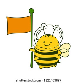 Cute little Bumblebee ink hand drawn sketch vector illustration. Bumblebee in space in a spacesuit with a flag. Bee icon. Print art sketch bees. Bee sign isolated on white background illustration
