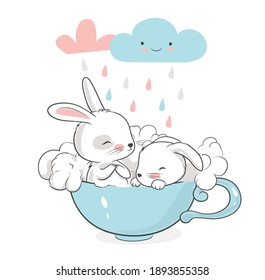 Cute little bunnies in a cup. Funny clouds in the background. Cartoon hand drawn vector illustration.