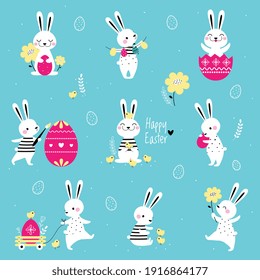 Cute Little Bunnies with Decorated Eggs Set, Adorable White Easter Rabbits, Easter Egg Hunt Card, Poster, Invitation Design Cartoon Style Vector Illustration