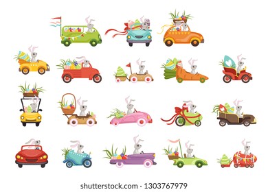 Cute little bunnies driving vintage car with colored eggs set, funny rabbit characters, Happy Easter concept cartoon vector Illustrations