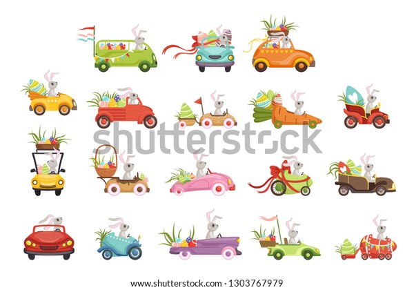 Cute little bunnies driving vintage car\
with colored eggs set, funny rabbit characters, Happy Easter\
concept cartoon vector\
Illustrations