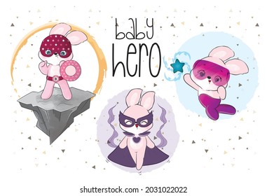 Cute little bunnies heroes team illustration for kids: can be used for cards, invitations, baby shower, posters; with white isolated background
