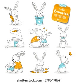 Cute little bunnies set. Hand drawn cartoon style, hand drawn illustration.