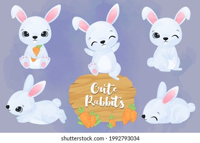 Cute little bunnies in set in watercolor illustration