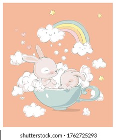 Cute little bunnies take baths in a cup. Funny rainbow, foam and clouds on the background. Cartoon hand drawn vector illustration. Can be used for baby t-shirt print, fashion print design, kids wear, 