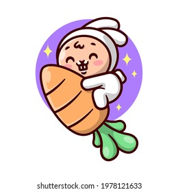 CUTE LITTLE BUNNY IN ASTRONAUT SUIT IS RIDING A BIG CARROT AND FLYING TO SPACE. HIGH QUALITY CARTOON MASCOT AND CHRACTER.