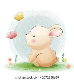 Cute little bunny with a baby brids cartoon illustration, watercolor animals, for cover book, print, baby shower, nursery decorations, birthday invitations, poster, greeting card