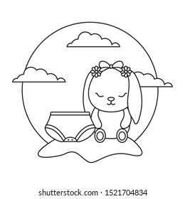 cute little bunny baby with diaper in landscape vector illustration design
