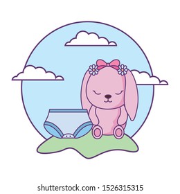 cute little bunny baby with diaper in landscape vector illustration design