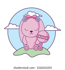 cute little bunny baby with jingle bell in landscape vector illustration design