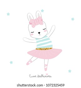 Cute little bunny ballerina with lettering. Vector hand drawn illustration.