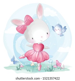 Cute little bunny ballet dancing with bird