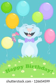 Cute little bunny with balloons and flowers on the colorful birthday greeting card.