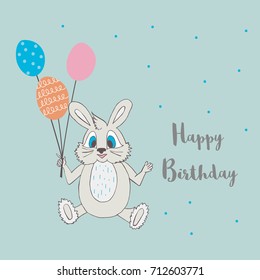 Cute little bunny with balloons. Vector cartoon illustration can be used for baby t-shirt, print design, baby shower, greeting and invitation card.