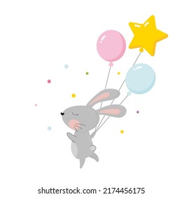 Cute Little Bunny With Baloons. Birthday Card