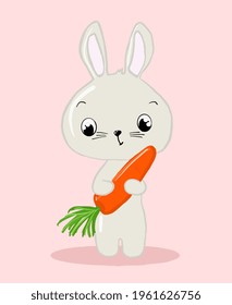 Cute little bunny with a big carrot in his paws on a pink background