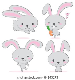 Cute little bunny with big ears walking holding a carrot, sitting, running and jumping