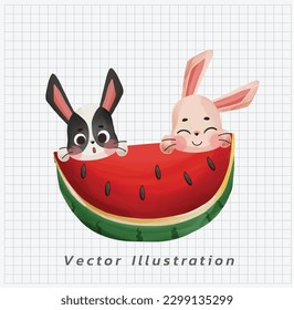 Cute Little bunny and a big watermelon, watercolor vector cartoon illustration