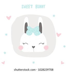 Cute little bunny with blue bow. Vector hand drawn illustration.