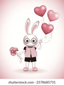 A cute little bunny boy in glasses, shorts, T-shirt and pink vest holds a bouquet of pink poppies in one hand and heart-shaped balloons in the other