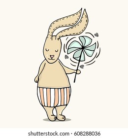 Cute little bunny boy. Hand Sketched cartoon rabbit with windmill toy. Great for baby t-shirt print, kids wear, baby shower,fashion print design,poster,cards. Vector illustration