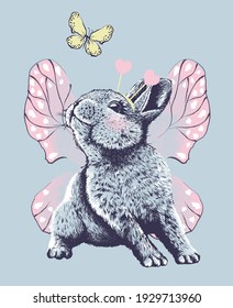 Cute little bunny with butterfly wings .Vector illustration. Print for girls t shirt