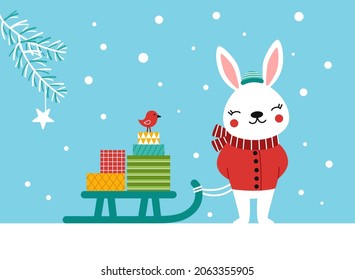 A cute little bunny carries a sled with gifts through a snowy forest. Vector illustration in cartoon style