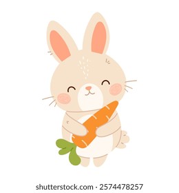 Cute little bunny with carrot. Rabbit flat vector isolated illustration