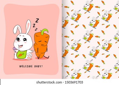 Cute little bunny with carrot and repeating pattern