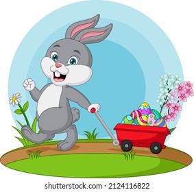 Cute little bunny carrying a cart with easter eggs