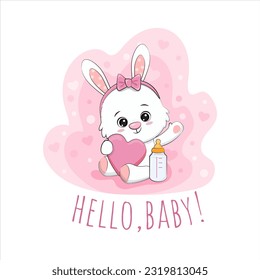 Cute little bunny, cartoon animal character. Poster for baby room, baby shower, greeting card. Nursery illustration. Vector