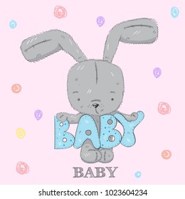 A cute little Bunny . cartoon hand drawn vector illustration. Can be used for baby t-shirt print, fashion print design, children's wear, baby shower celebration, greeting and invitation card.