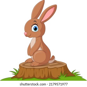 Cute little bunny cartoon sitting on tree stump