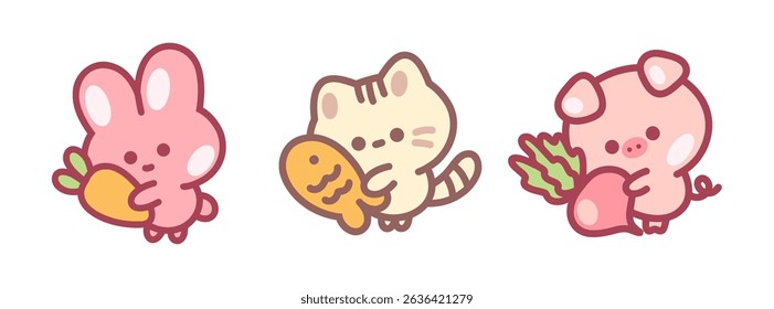 Cute little bunny, cat and pig. Cartoon tidy vector isolated set. Kawaii style collection.