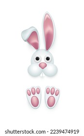 Cute little bunny character with head and feet vector illustration. 3d funny spring rabbit headband and costume for kids decoration, face with eyes, nose, teeth and ears isolated on white background