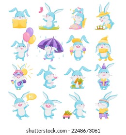 Cute little bunny characters set. Funny cheerful little animal walking with umbrella, eating ice cream, celebrating birthday cartoon vector