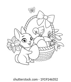 Pequeño conejito y chica con cesta llena de huevos y flores. Caricatura de saludo de Pascua vector ilustración en blanco y negro para la página del libro de coloreo.