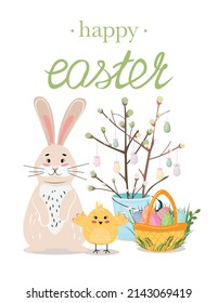 Cute little bunny and a chick with a basket filled with Easter eggs. Happy Easter illustration. 
