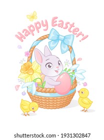 Cute little bunny and chicks with basket full of spring flowers and eggs. Happy Easter greeting with cartoon vector illustration on white background.