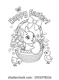 Cute little bunny and chicks with basket full of spring flowers and eggs. Happy Easter greeting with cartoon vector black and white illustration for coloring book page.