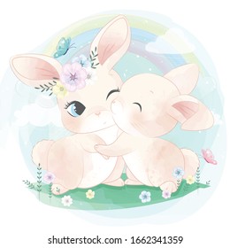 Cute little bunny couple with watercolor