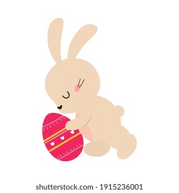 Cute Little Bunny with Decorated Egg, Adorable Pink Easter Rabbit, Easter Egg Hunt Card, Poster, Invitation Template Cartoon Style Vector Illustration