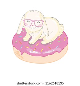 Cute little bunny with donut balloons. Vector hand drawn illustration.