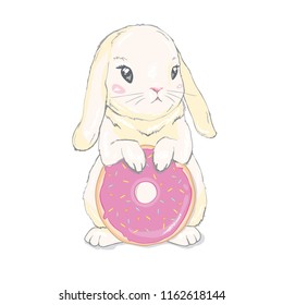 Cute little bunny with donut balloons. Vector hand drawn illustration.