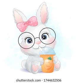 Cute little bunny drinking a carrot juice illustration