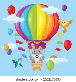 Cute little bunny and easter eggs flying in hot air balloon