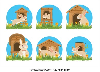 Cute little bunny. Easter Bunny. Illustration of a little bunny with a wooden house. Small wooden house