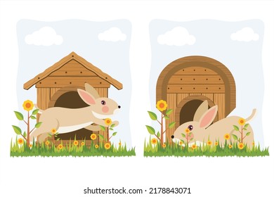 Cute little bunny. Easter Bunny. Illustration of a little bunny with a wooden house. Small wooden house