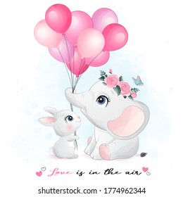 Cute little bunny and elephant with watercolor illustration